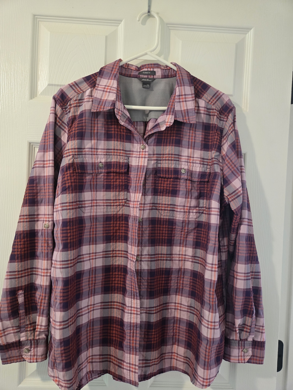Eddie Bauer Pink and Maroon Plaid Button-Down Fishing Shirt